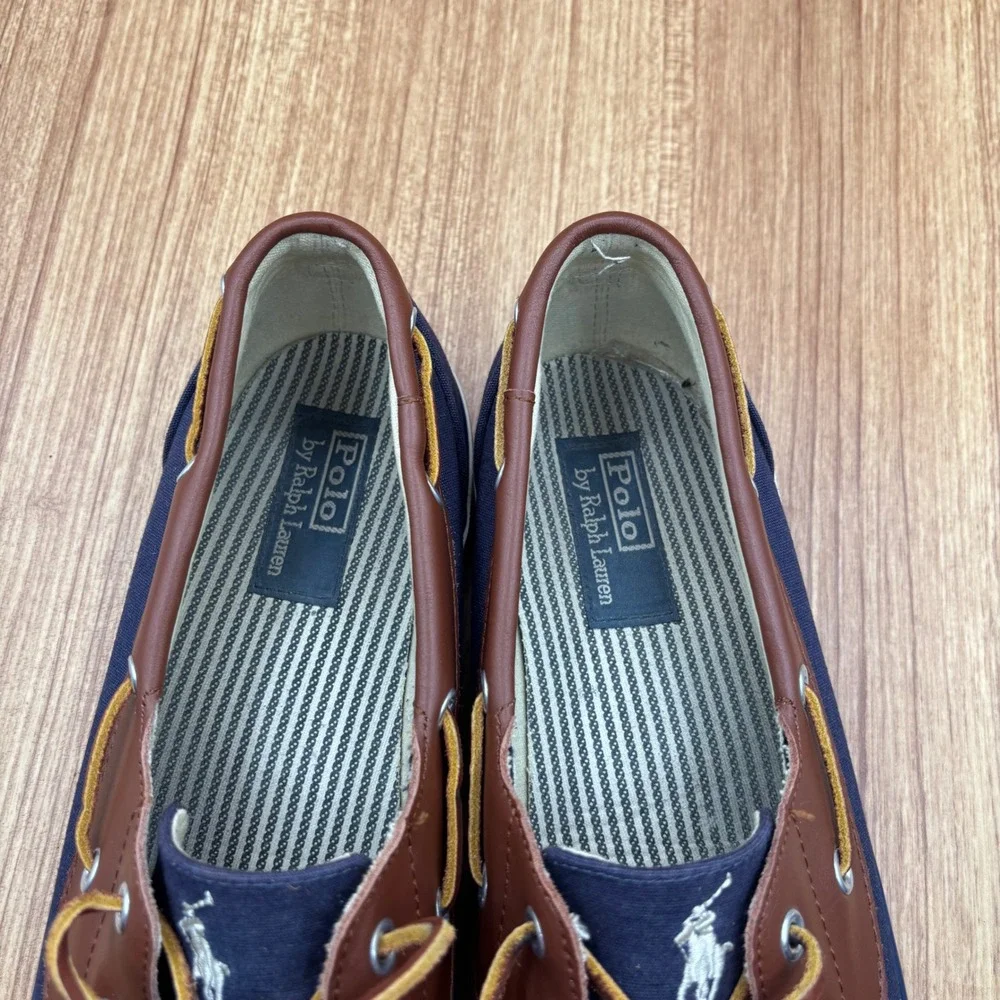 Polo Ralph Lauren Rylander Boat Shoe Navy Brown Men Size 13 D Canvas Leather